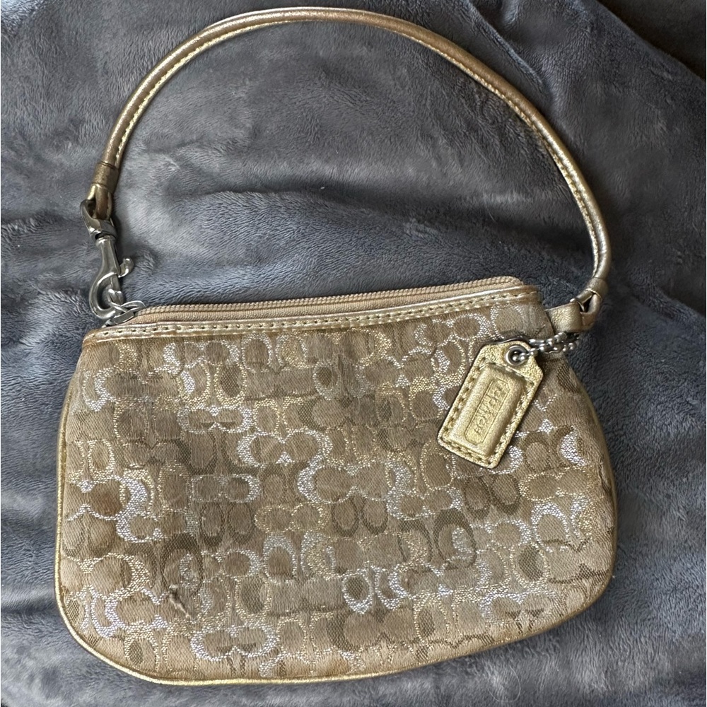 Coach mini purse/wristlet in tan/gold